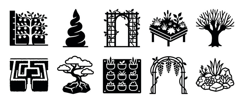 Gardening and landscape design silhouette icon set with topiary, bonsai, espalier tree, rockery, hedge maze, and vertical garden elements for horticulture concepts