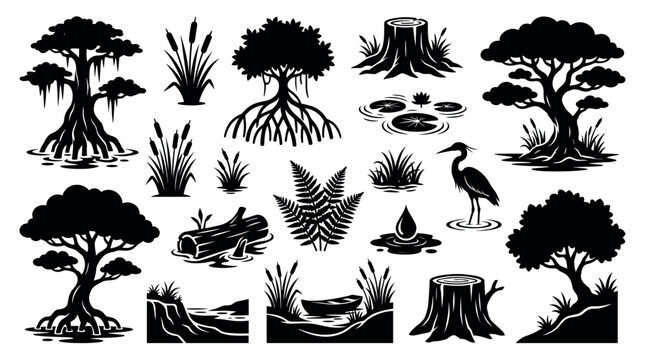 Collection of black swamp and marsh silhouettes featuring mangrove and cypress trees, a heron, reeds, a boat, and other wetland nature elements in a clean graphic style