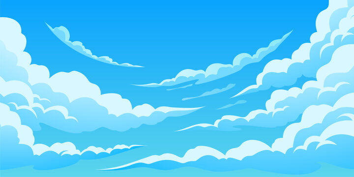 Manga background with dramatic sky and fluffy cumulonimbus formations. Blue anime style vector illustration with dynamic speed and wind effects, cartoon clouds for comic game graphics.