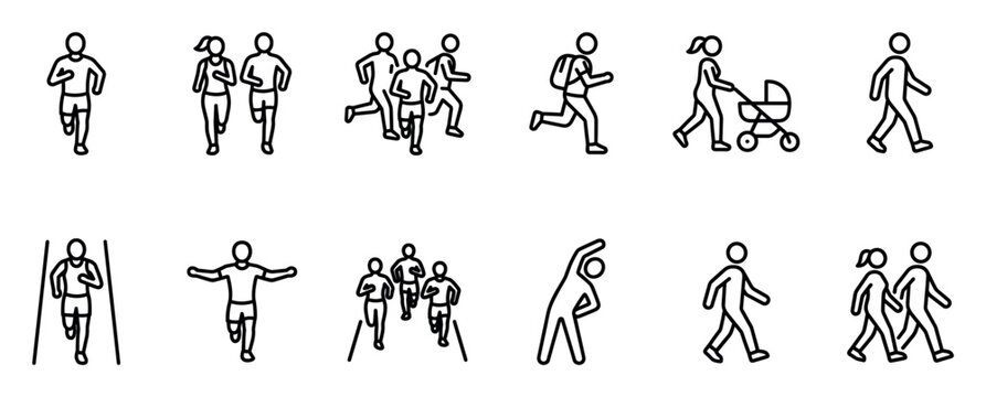Black line icon set of people running, walking, and exercising in various activities like a marathon, jogging, and stretching, representing a healthy and active lifestyle
