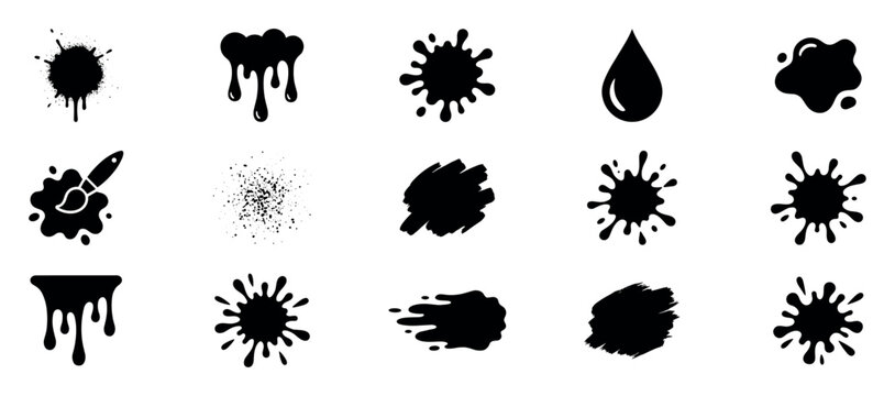 Set of black ink splatters, paint drips, brush strokes, and liquid blot icons presented in a simple, graphic silhouette style, showing various abstract and messy shapes