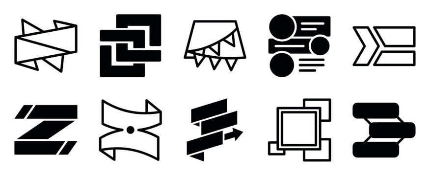 Set of ten black abstract geometric icons for user interface design, infographics, and presentations, featuring minimalist glyphs of ribbons, banners, arrows, and flowcharts