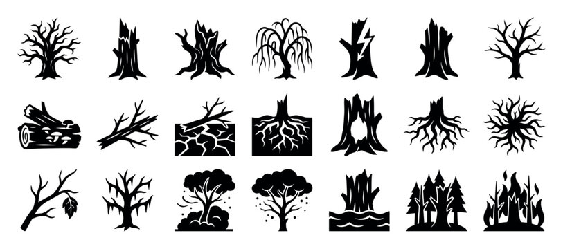 Collection of black dead tree icons representing natural disasters like fire, flood, and drought, depicted in a simple graphic silhouette style for environmental concepts