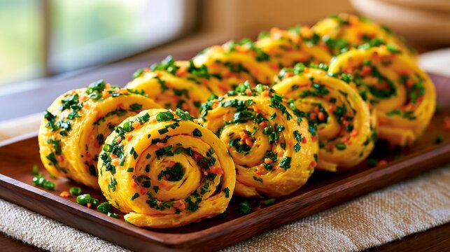 Korean rolled omelet with fresh chives and carrots on wooden tray