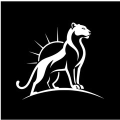 Fototapeta premium Minimalist white panther silhouette logo with elegant curves, standing beside a rising sun on a dark background, creating a bold and modern farm-inspired emblem.