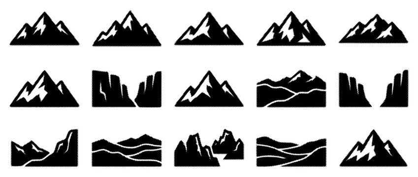 Set of black mountain range icons with a halftone texture features various peaks, hills, and canyons in a minimalist graphic silhouette style arranged in a simple grid layout
