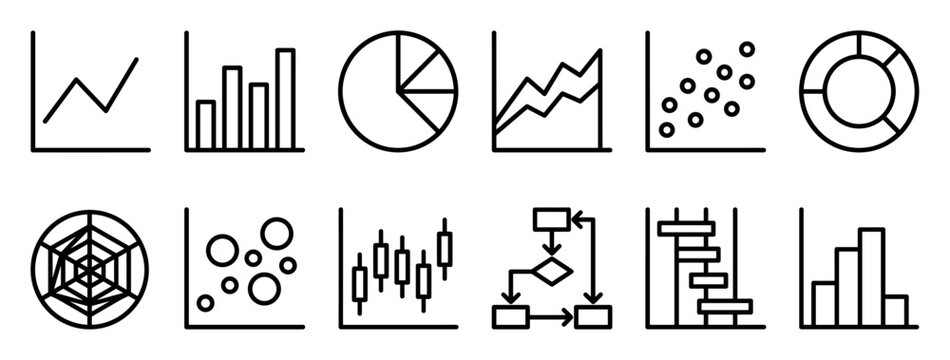 Set of black outline data visualization icons showing various charts and graphs for business analytics, statistics, and financial reporting in a minimalist linear style