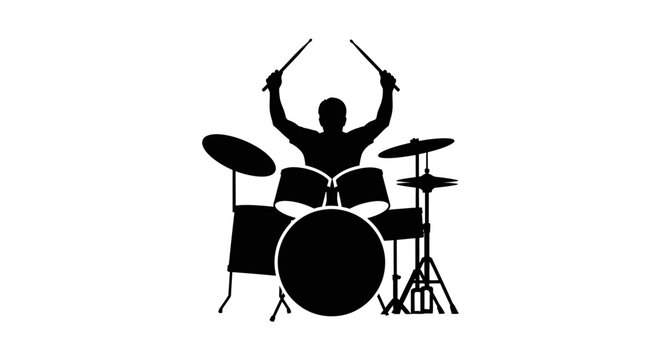 Drummer playing drum set enthusiastically alone.