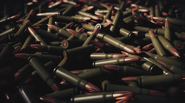 Cinematic close-up animation of rifle cartridges and military ammunition with smooth camera movement. Dark atmospheric scene with detailed metallic bullets suitable for war.
