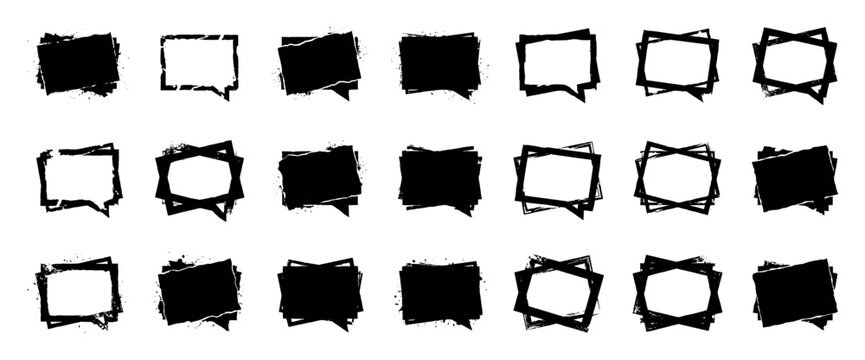 Large collection of black grunge frames, speech bubbles, and abstract shapes with distressed textures, rough edges, and paint splatter details in a minimalist graphic style