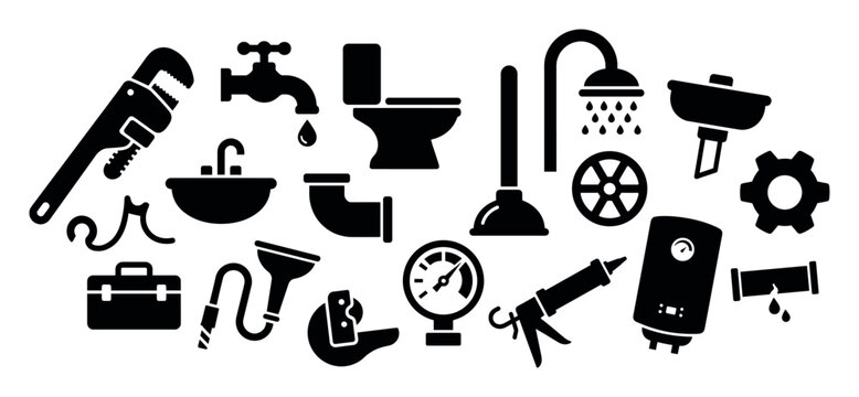 Set of black plumbing service icons showing various tools and bathroom fixtures like a wrench, toilet, sink, plunger, pipe, and water heater for maintenance concepts