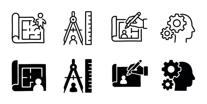 Set of black architecture and engineering icons showing human-centered design concepts like planning, drawing, and problem-solving with blueprints, compasses, and gears in line and glyph styles