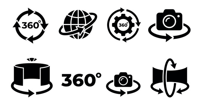 Set of black 360 degree view icons for virtual tours, panoramic photography, and augmented reality applications, featuring symbols like cameras, globes, and rotating arrows in a flat vector style