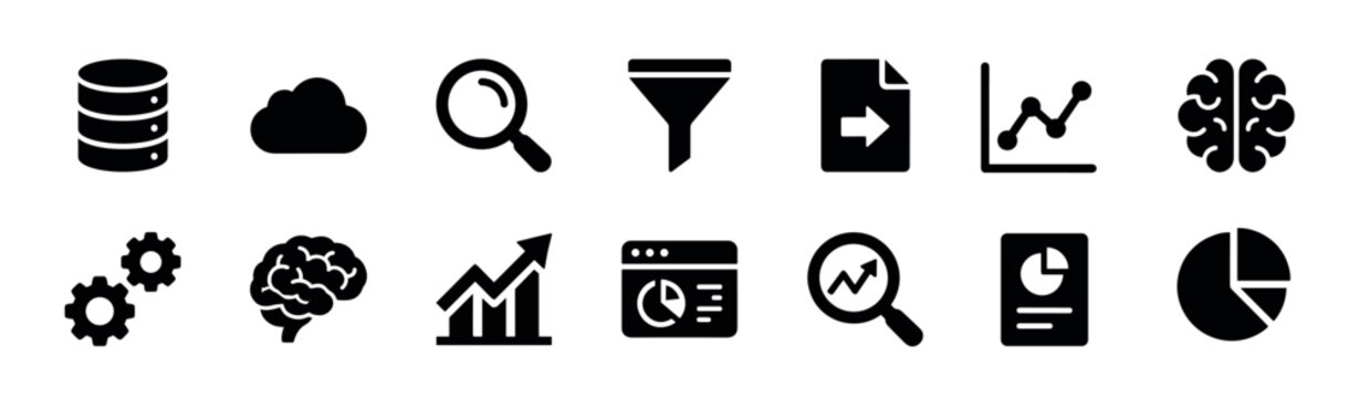 Collection of black data analysis icons representing concepts like database, cloud computing, search, filtering, reporting, and business intelligence in a clean glyph style
