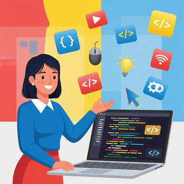 Smiling Woman Presenting Coding Concepts With Laptop and Icons