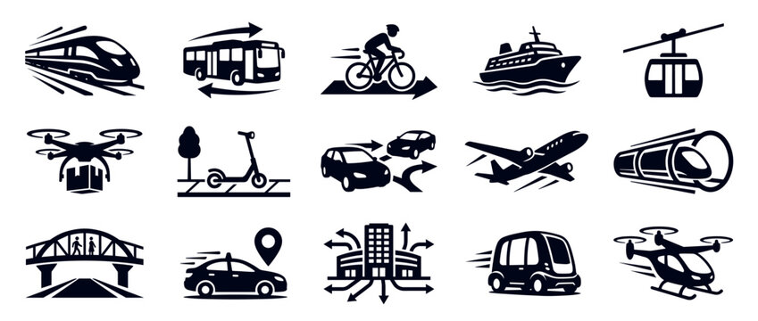 Set of fifteen minimalist black silhouette icons representing modern urban transport, logistics, and future travel concepts like autonomous shuttles, delivery drones, and hyperloop