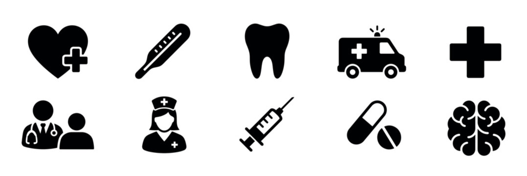 Collection of ten black glyph icons for medicine and healthcare showing a heart, thermometer, tooth, ambulance, cross, doctor, nurse, syringe, pills, and brain