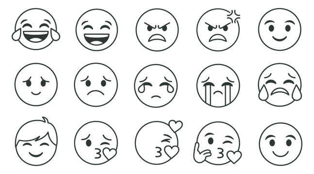 Set of expressive facial emotion icons with black line art style vector design isolated on transparent background