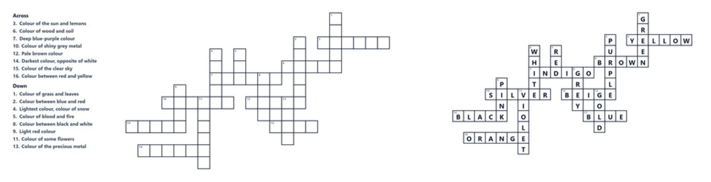 Crossword puzzle templates for recreational word games on the topic of the Colours
