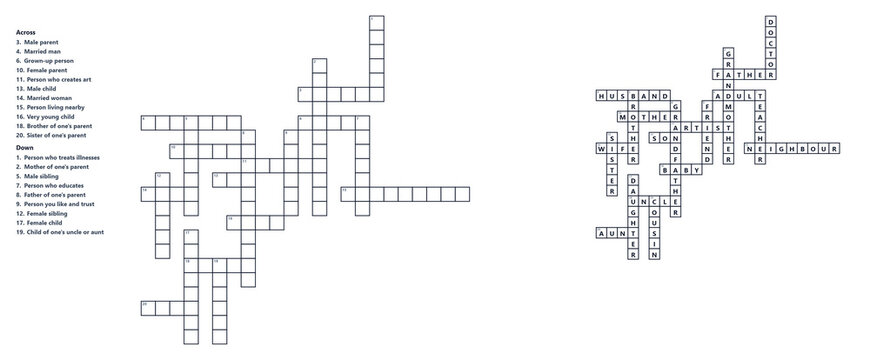 Crossword puzzles with empty squares and provided clues on the topic of the Family & People