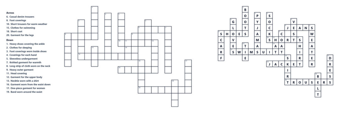 Crossword puzzle template with grid and clues for players on the topic of the Clothing
