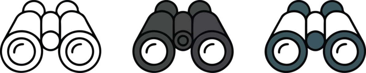 Minimalist binoculars icon vector illustration set featuring outline silhouette and colored versions for travel exploration and discovery design themes © md siam ali 