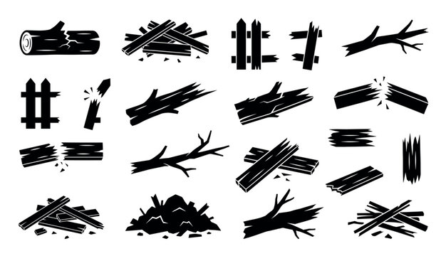 Collection of black broken wood icons showing various damaged wooden objects like logs, planks, fences, and branches in a simple graphic silhouette style for design elements