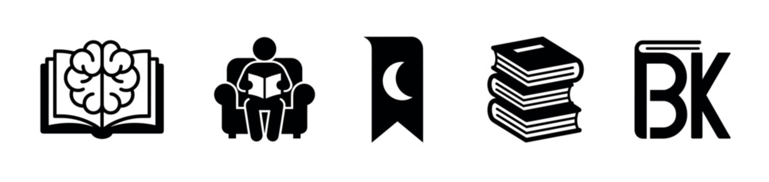 Collection of five minimalist black glyph icons related to reading and knowledge, featuring a brain in a book, a person in a chair, a moon bookmark, a stack, and a letter logo