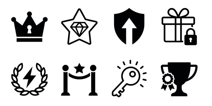 Set of black glyph icons representing achievement, rewards, and premium access for gamification concepts, including a crown, trophy, diamond, key, shield, and gift
