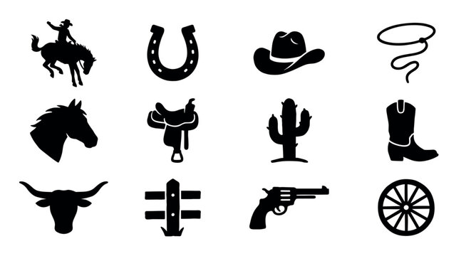 Collection of black wild west silhouettes featuring a cowboy, horse, horseshoe, hat, lasso, saddle, cactus, boot, bull head, fence, revolver, and a wagon wheel
