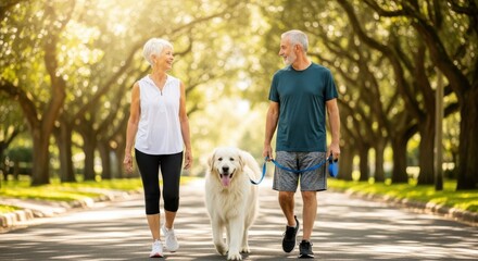 Obraz premium Happy Senior Couple Walking Their Large White Dog in a Sunlit Park During Summer