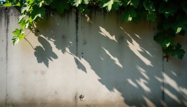 Concrete wall texture with green grape leaves overhead. Sunlight casts dappled leaf shadows on rough plaster surface. Natural light creates moody patterns on aged exterior background. Outdoor shade.