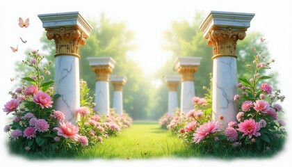 Fototapeta premium Marble classical columns line a garden path. Pink flowers bloom near ornate gold capitals. Butterflies flutter around green grass under bright sunlight. Architectural beauty inspires peace.