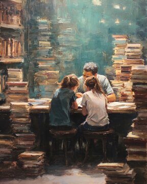 A family at a library, sitting at a table surrounded by stacks of books, reading silently together, studious and quiet atmosphere