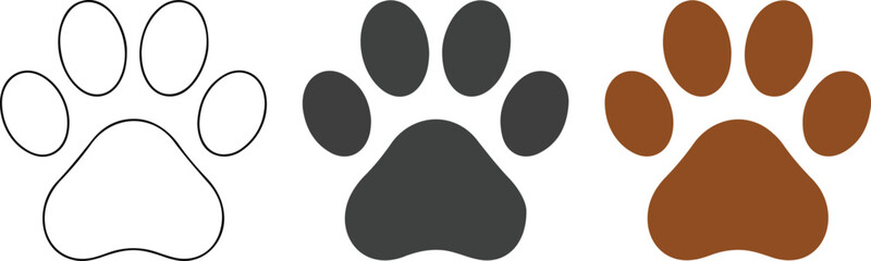 Minimalist animal paw print vector illustration set featuring line outline solid silhouette and flat colored icons for pet design themes © md siam ali 