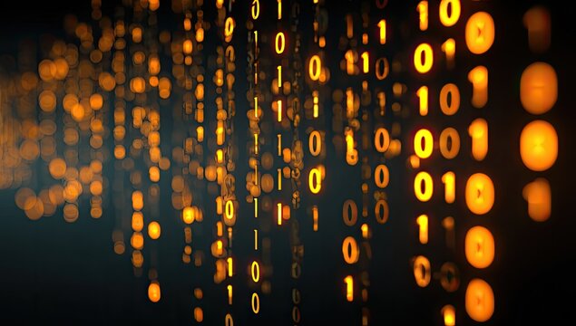 Digital cascade of glowing orange ones and zeros against a dark, blurred background
