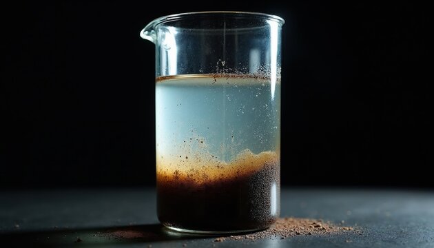 Glass beaker holds water with dark sediment settled at bottom. Liquid shows turbidity with visible particles suspended within. Clear sample demonstrates impurities settling out, indicating water