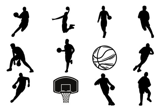 Basketball player silhouettes vector set. Retro sports playoff basketball elements with player dribbling, slam dunk jumping, basketball ball icon, and basketball hoop with net for team tournament bann