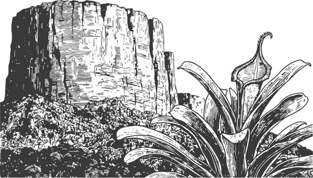Desert landscape engraving with rocky mesa and desert plant detailed monochrome illustration