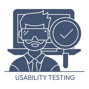 Usability testing concept line icon vector illustration with a user wearing VR headset next to a web verification checklist