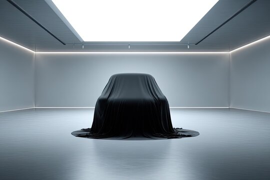 Sleek vehicle covered in dark cloth, illuminated in modern gallery