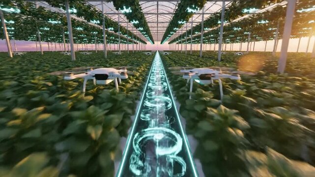 Drones hover over rows of lush green plants inside a high-tech indoor greenhouse equipped with an advanced glowing irrigation system for precision farming.