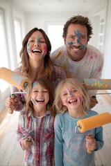 Fototapeta premium A family decorating a new home, paint streaks on faces, laughing while holding rollers, bright and airy