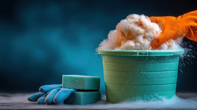 Bucket filled with soap sponge and gloves on a blue background