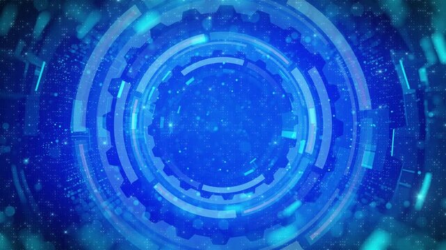 テクノロジー　幾何学　ループ動画　宇宙　科学　仮想空間　バーチャル　サイバー　近未来　抽象的　キラキラ　Dark blue technology futuristic animated background.shining particles.abstract circles and gears.Loop video.