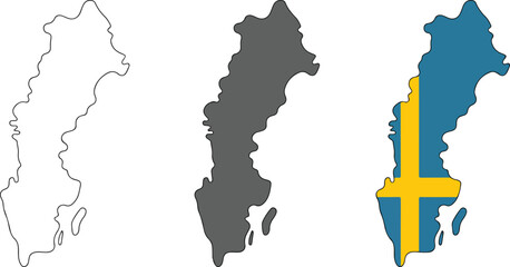 Sweden map vector illustration set featuring line outline solid silhouette and national flag colors for scandinavian design themes © DIPU