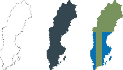 Sweden map vector illustration set featuring line outline solid silhouette and national flag colors for scandinavian design themes © DIPU