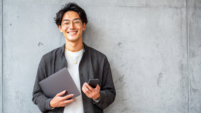 Portrait of a confident young Asian professional man smiling, holding a laptop and smartphone, standing against a modern concrete wall, ideal for business, technology, and startup lifestyle concepts.