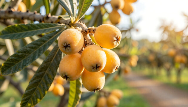 Close up of loquat fruits hanging from a branch with green leaves