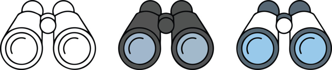 Minimalist binoculars icon vector illustration set featuring outline silhouette and colored versions for travel exploration and discovery design themes © DIPU